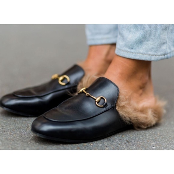 GUCCI Fur Lined Princetown Black Leather Mules - Picture 1 of 16